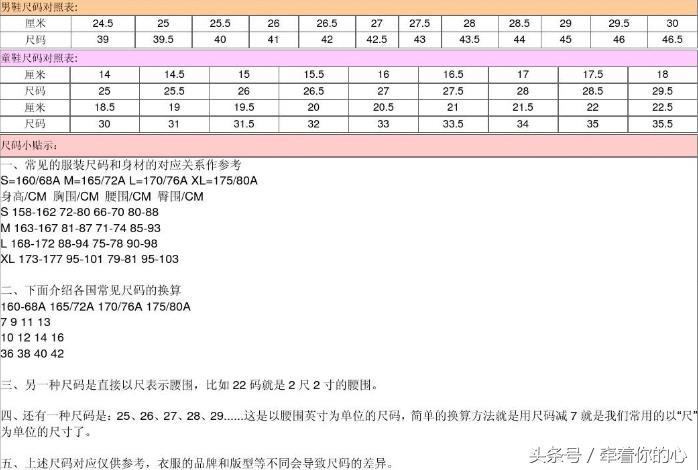衣服尺码对照表 包括上衣,裤子,西服,鞋 男款,女款 详细尺寸